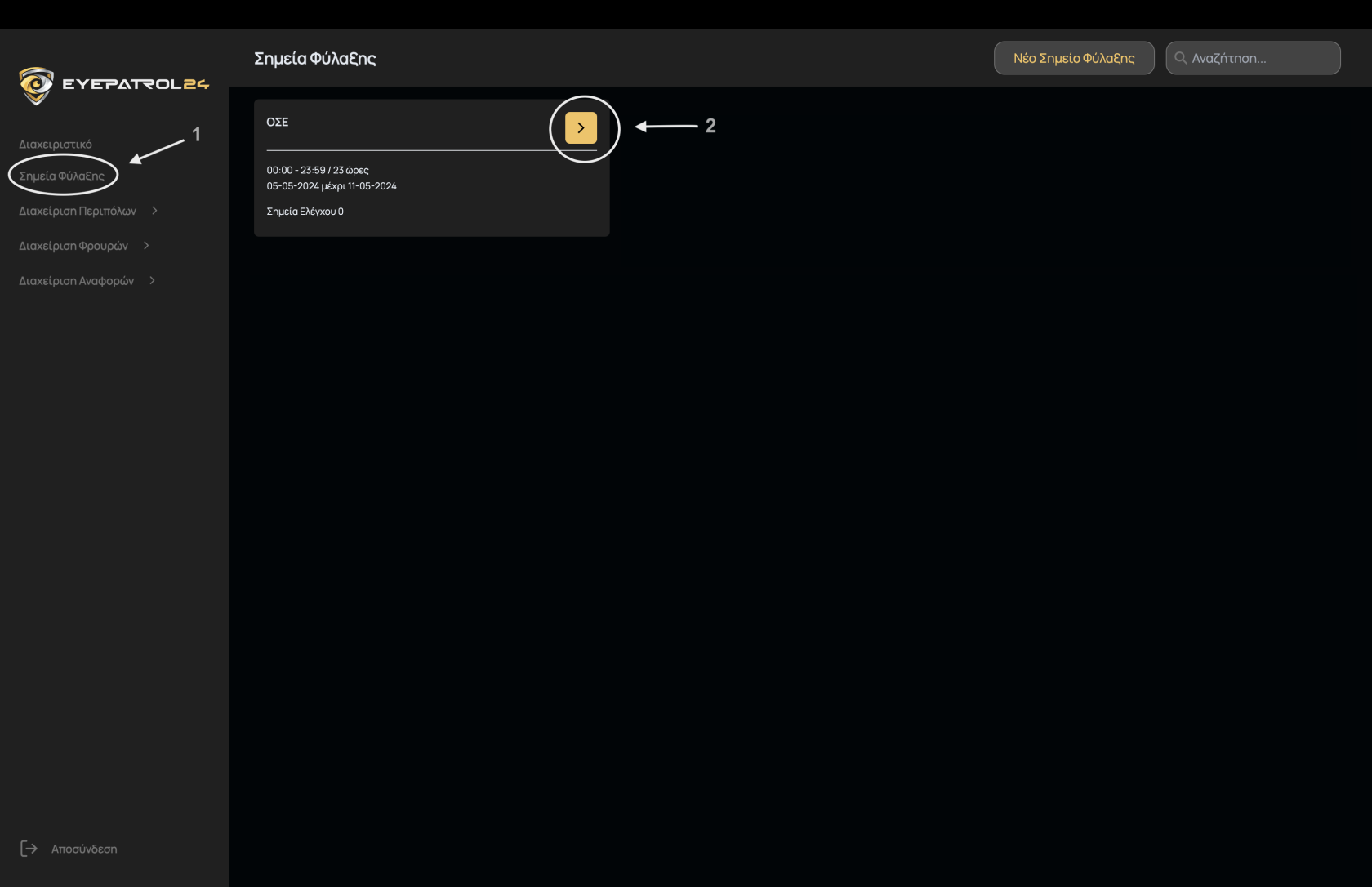 Οθόνη Προβολής των Σημείων φύλαξης